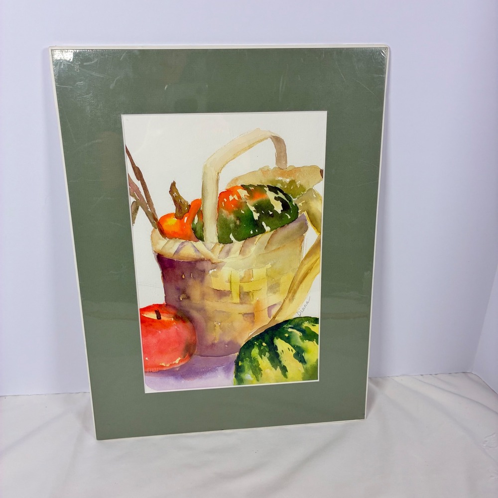 Watercolor Painting Still Life Harvest Basket Gourd Mat ~16x12 Autumn Farmhouse